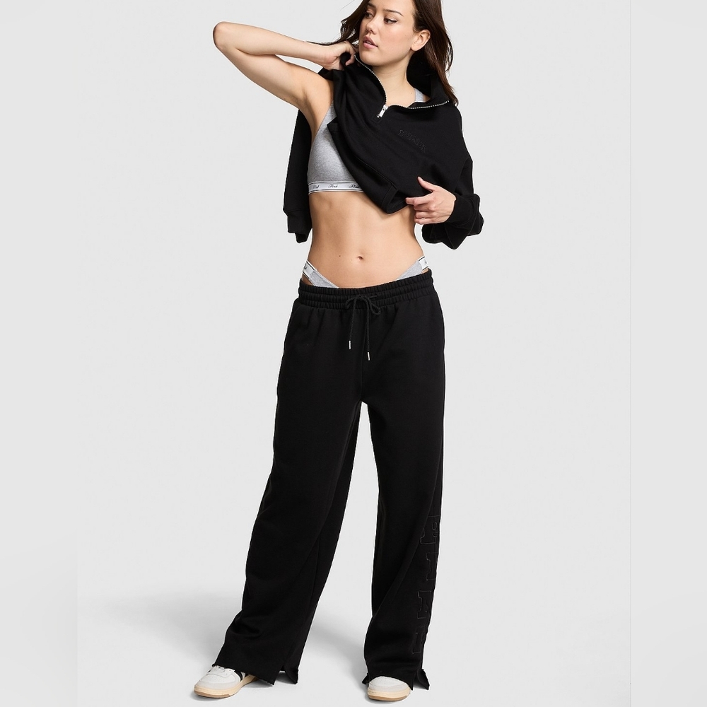 PINK Campus Fleece Wide-Leg Split-Hem Sweatpants Size L Long - Picture 2 of 9